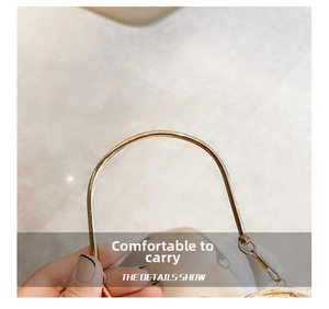 Close-up of golden metallic circular handle and chain detail on stylish acrylic bag