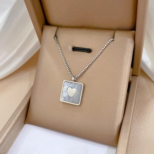 Titanium steel necklace with square mother-of-pearl heart pendant in a gift box