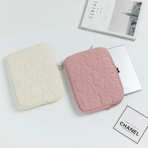 Minimalist rabbit quilted laptop sleeve in beige and pink with shockproof padding