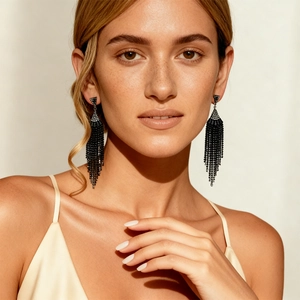 Elegant black beaded fringe earrings with zircon inlay on model with warm lighting