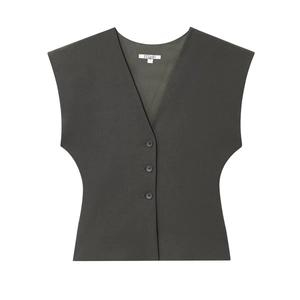 Detail of grey V-neck vest showing three-button closure and tailored suit fabric texture