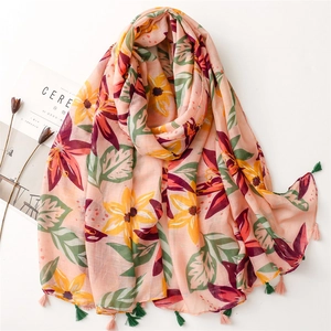 Tropical Floral Print Scarf Women Polyester Voile Beach Sun Protection Shawl With Tassels Bohemian Summer Travel
