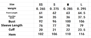 Detailed size chart for elegant lace blouse with measurements for XS to L sizes