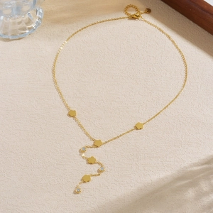 Gold-plated stainless steel floral Y-shaped tassel necklace with clear zircon stones