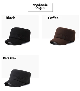 Close-up of winter military style flat top caps in black, coffee, and dark grey colors