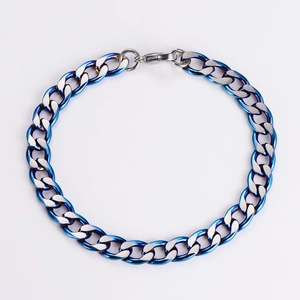 Detailed view of 7mm blue and silver stainless steel flat curb link chain bracelet