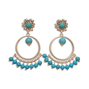 Bohemian gold tassel drop earrings with turquoise beads and sparkling rhinestones