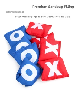 Detail view of red and blue bean bags with X and O patterns filled with premium PP pellets