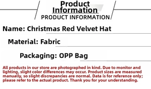 Detailed product specifications for the red velvet Christmas hat in OPP bag packaging