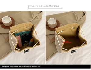 Internal detail of bohemian woven backpack showing main compartment and drawstring closure