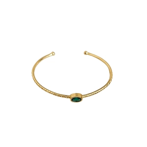 Bracelet jonc ouvert plaqué or 18 carats avec pierre ovale verte et motifs texturés