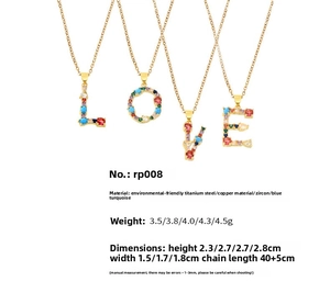 Detailed size specifications for gold LOVE pendant necklace with colored zircons