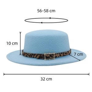 Pale blue wool felt boater hat with leopard print band and metal buckle size details