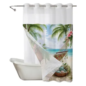 Waffle weave shower curtain with tropical beach coconut trees and hammock patterns