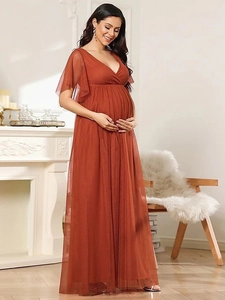 Maternity Evening Dress Mesh V Neck High Waist Short Flutter Sleeve Elegant Long Pregnancy Gown For Photography