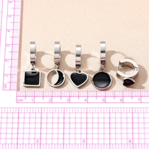 Minimalist stainless steel hoop earring set with 5 black drip oil pendants and scale ruler