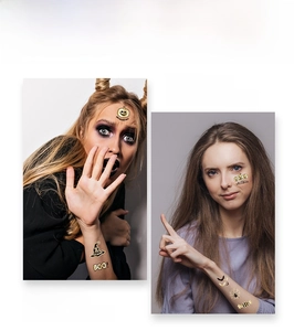 Détails de tatouages temporaires d'Halloween dorés avec motifs citrouille et sorcière