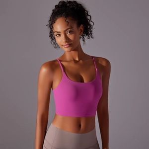 High-impact purple nylon sports bra with U-neck and thin straps for yoga and fitness