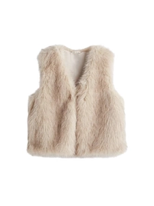 Chic beige faux fur vest with soft texture and V-neckline for women's winter fashion