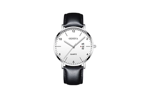 Close-up of Geneva quartz watch featuring a white dial, date window, and black leather strap