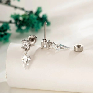 Silver geometric kite zircon earrings with stainless steel cartilage piercing posts