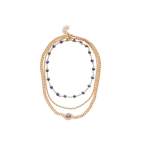 Three-layer gold evil eye necklace set with crystals and twisted chain accents