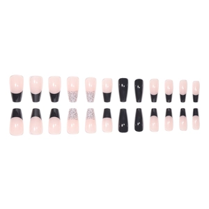French black and pink ballerina press-on nails set with grid patterns and high gloss finish