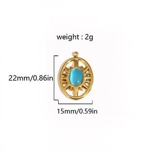 Detail of 22mm golden sunburst pendant with blue cat eye stone and technical dimensions
