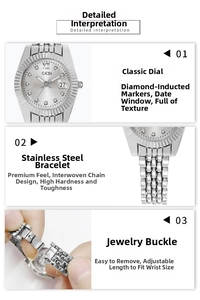 Detail view of steel watchband with jewelry clasp and crystal markers on sunray dial