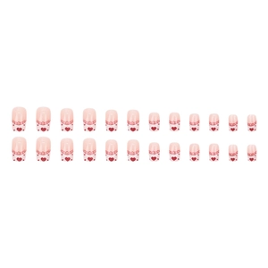 Short press-on nails set with pink base, red heart pattern and French lace design details