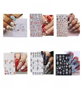 Collage showing various festive Christmas and snowflake nail art stickers styles