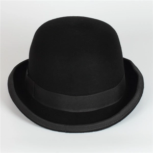 Classic black wool felt bowler hat with a satin ribbon band and curled brim for unisex