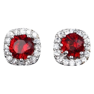 Classic silver stud earrings featuring square red gemstones surrounded by white crystals