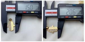 Detailed measurement of gold Hamsa pendant with cubic zirconia, size 15.0mm by 20.6mm