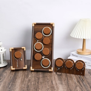 Walnut wood jewelry display trays with brown velvet inserts for bracelets and bangles