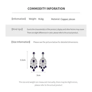 Detailed spec sheet for zircon flower tassel earrings showing 5.5cm length and copper material
