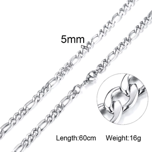 Detail view of 5mm stainless steel Figaro chain necklace showing link texture and dimensions