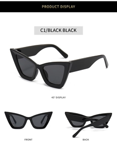 Three perspectives of black cat-eye sunglasses showing front, back, and 45-degree angle