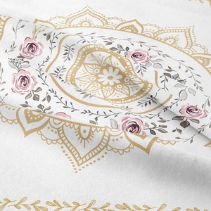 Close-up of bohemian mandala tapestry featuring pink roses and detailed floral prints
