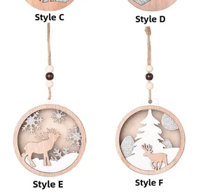 Detail view of 4 styles of wooden Christmas ornaments with cutout reindeer and snowflake