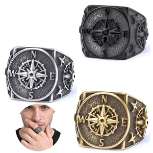 Compass Signet Ring Stainless Steel Men Vintage Nautical Viking Cross Retro Punk Gothic Band Jewelry
