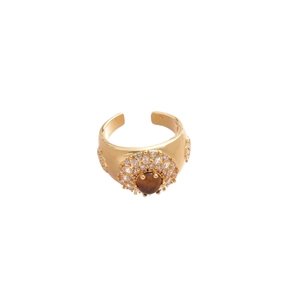 18k gold plated tiger eye stone adjustable open ring with sparkling cubic zirconia halo