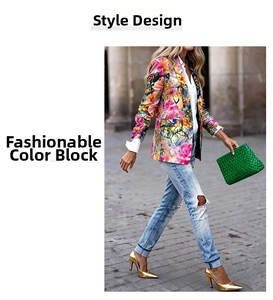 Detail of colorful floral digital print on a slim-fit women's blazer jacket