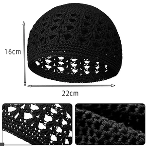 Handmade crochet knit beanie hat in black with 16cm height and 22cm width dimensions