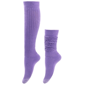 Detail of purple knitted slouch socks showing stretchy ribbed texture and two wearing styles