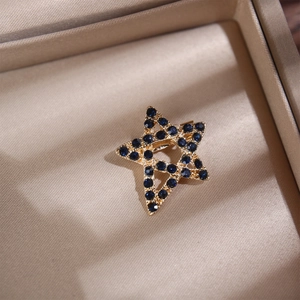 Dettaglio di spilla a stella dorata con strass blu su sfondo beige di porta gioielli
