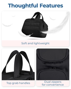 Detail of lightweight black quilted toiletry bag showing dual zippers and top grab handles