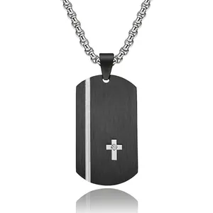 Stainless Steel Cross Pendant Necklace Men Minimalist Engraved Dog Tag Zircon Inlaid Fashion Punk Gothic Jewelry Gift