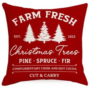 Red Christmas farmhouse throw pillow cover with white festive tree and letter prints