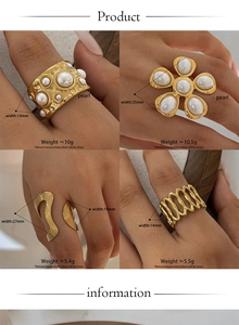 Detailed view of four golden stainless steel rings with pearls and their specific dimensions